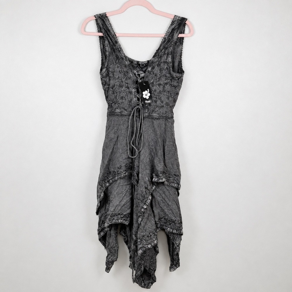 Flower Whimsigoth Acid Wash Grey Embroidered Handkerchief Hem Corset Dress NWT
